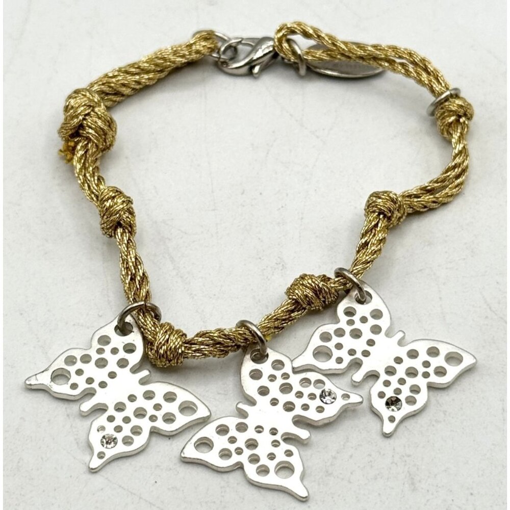 Vintage gold metallic thread rhinestone butterfly charm bracelet